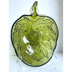 Vtg Green Indiana Glass Grape & Leaf Decorative Bowl Plate With Stem Handle READ
